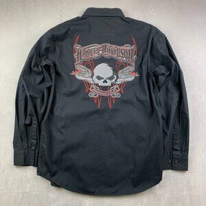 Harley Davidson Mens Shirt Medium Black Button Up Long Sleeve Skull Embroidered